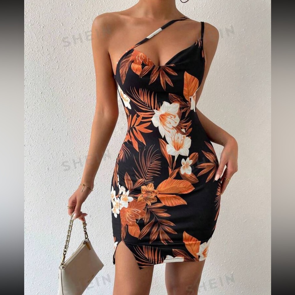 NEVER WORN SHEIN Vacay Floral Print One shoulder split hem dress